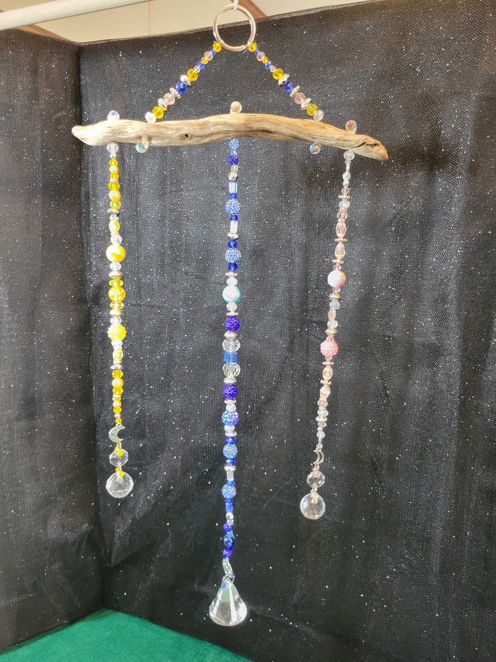 Driftwood Bead Sun Catcher Mobile — Blue, Yellow & Pink